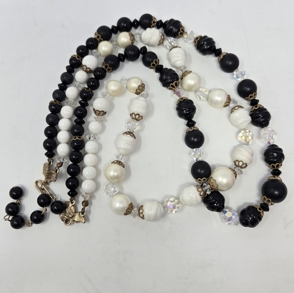 VINTAGE ART ARTHUR PEPPER BLACK & WHITE BEAD DOUBLE STRAND NECKLACE JEWELRY - Picture 6 of 14